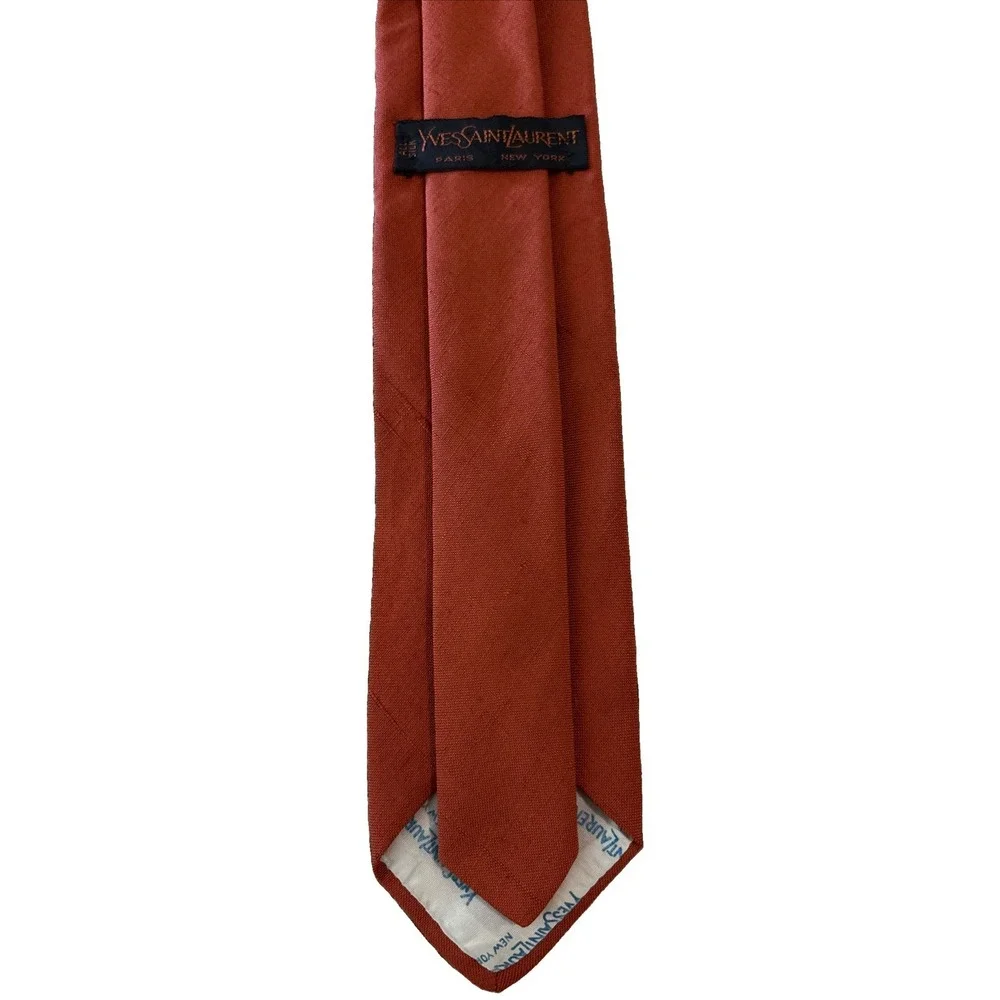 Vintage Yves Saint Laurent YSL Burnt Orange Silk Necktie Embroidered Logo 2.5